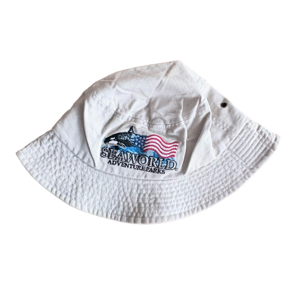Vintage Sea World Orca Whale Embroidered Khaki Cream Bucket Hat Size Adult OS